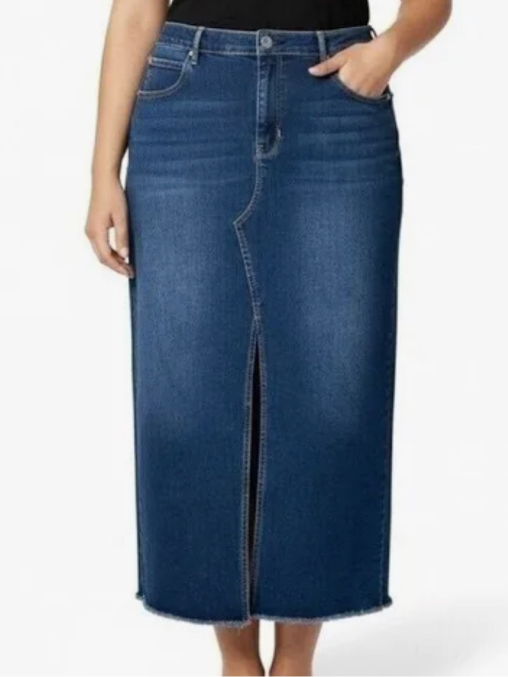 Nicole Miller Sz 10 Skirt Dark Wash Midi Denim Front Slit Classic Minimalist.